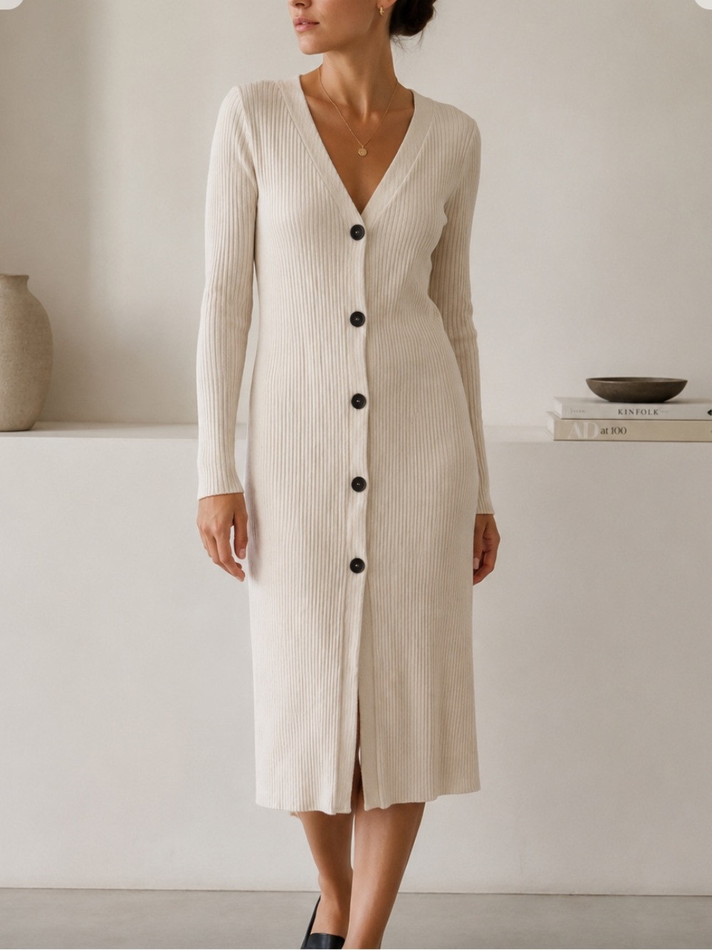 For Days Ribbed Button-Front Midi Sweater Dress in Cream